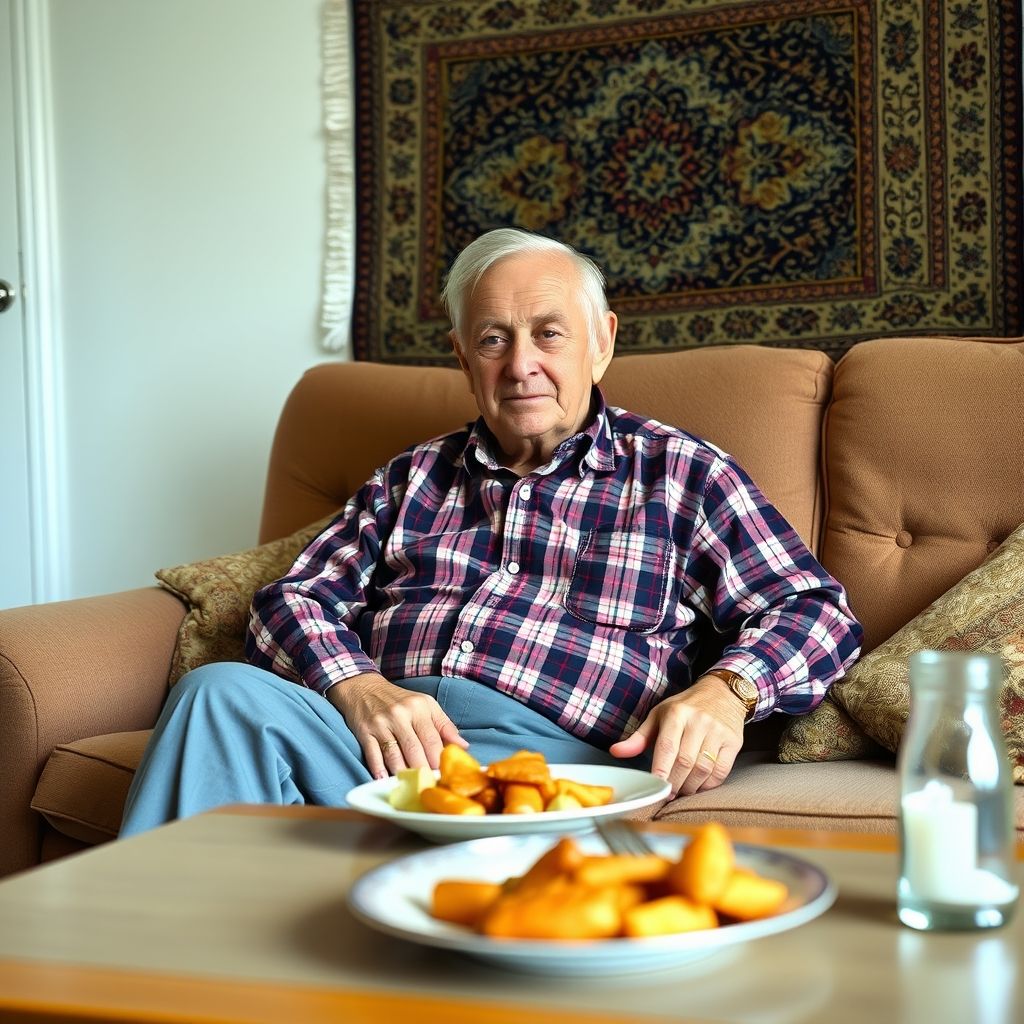 {"prompt":"A man of 80 years is sitting at home on the couch in a checkered shirt, pants and slippers. Sits at the table on which food lies, a carpet hangs on the wall from behind","originalPrompt":"A man of 80 years is sitting at home on the couch in a checkered shirt, pants and slippers. Sits at the table on which food lies, a carpet hangs on the wall from behind","width":1024,"height":1024,"seed":635202342,"model":"flux","enhance":false,"nologo":true,"negative_prompt":"worst quality, blurry","nofeed":false,"safe":false,"quality":"medium","image":[],"transparent":false,"isMature":false,"isChild":false}