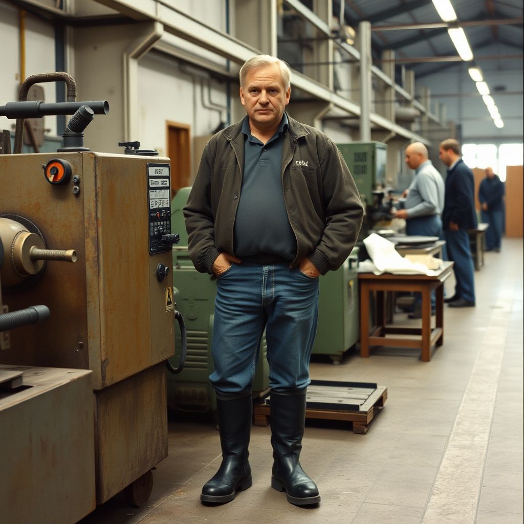 {"prompt":"A 50 -year -old man in the production workshop in black boots stands near the machine, Russia 1990, colleagues on the background are also present in the workshop","originalPrompt":"A 50 -year -old man in the production workshop in black boots stands near the machine, Russia 1990, colleagues on the background are also present in the workshop","width":1024,"height":1024,"seed":62957291,"model":"flux","enhance":false,"nologo":true,"negative_prompt":"worst quality, blurry","nofeed":false,"safe":false,"quality":"medium","image":[],"transparent":false,"isMature":false,"isChild":false}