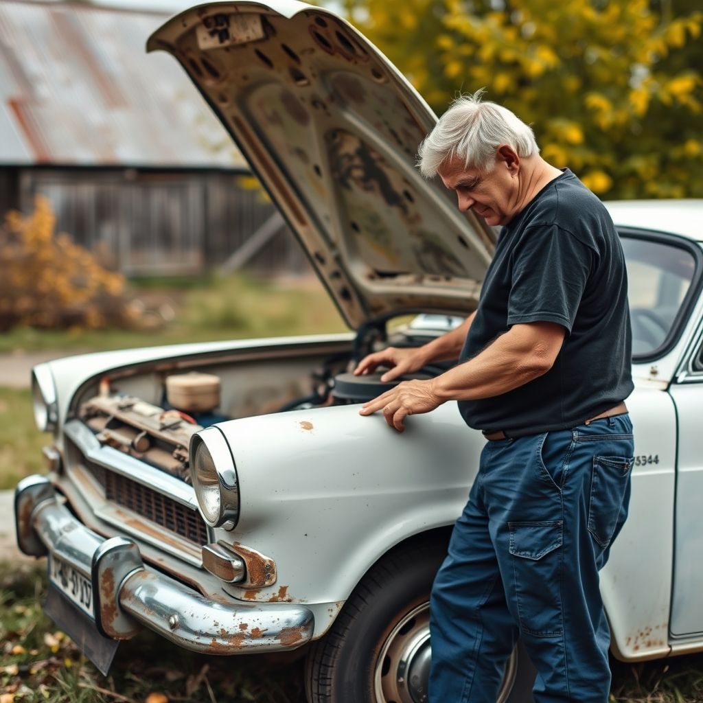{"prompt":"A 80 -year -old man in a black T -shirt and blue pants repair a motor under the hood of an old white car, near the barn, autumn, Russia","originalPrompt":"A 80 -year -old man in a black T -shirt and blue pants repair a motor under the hood of an old white car, near the barn, autumn, Russia","width":1024,"height":1024,"seed":208158247,"model":"flux","enhance":false,"nologo":true,"negative_prompt":"worst quality, blurry","nofeed":false,"safe":false,"quality":"medium","image":[],"transparent":false,"isMature":false,"isChild":false}